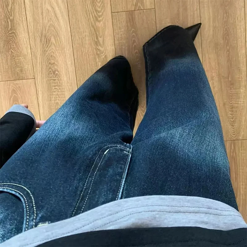 Harajuku Wide Leg Jeans for Women Vintage Deep Blue High Waist Full Length Pants Autumn 2000S Streetwear Loose Straight Trousers