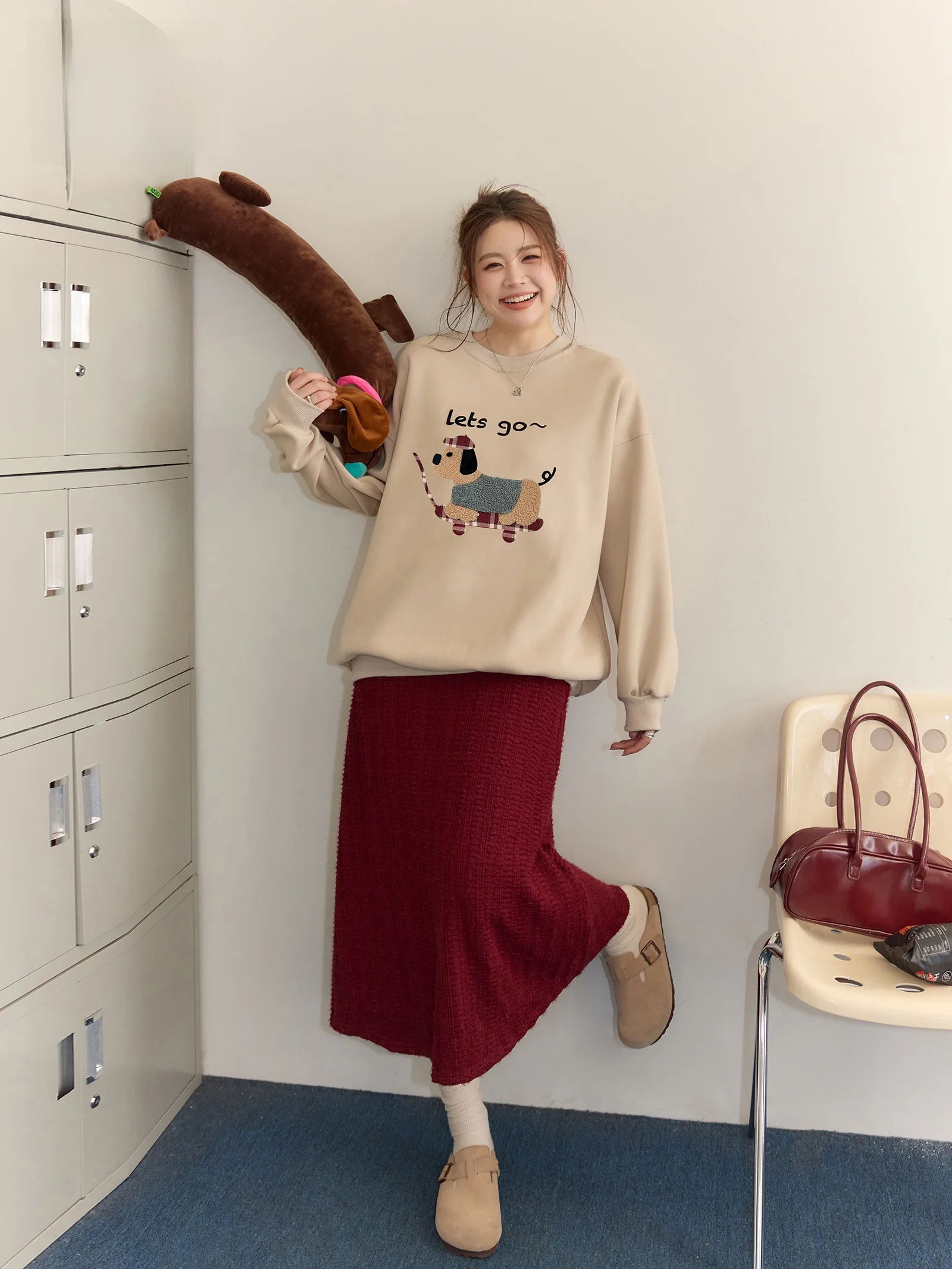 

Red Fi Tail Knitted Slimming Set for plus Size Women by Zhang Da High Waist A-Line Skirt Long Sve round Ne Commute Sle