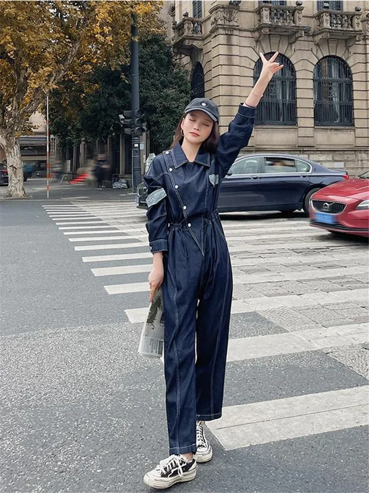 Solid Jumpsuits Women Long Sleeved Polo-neck Loose Harajuku Straight Pants Casual Denim Workwear Korean Style Vintage Playsuits