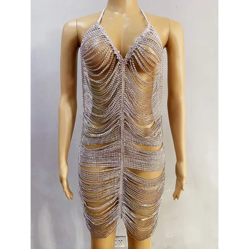 

Sexy Luxury Stage Performance Shiny Rhinestones Chains Short Dress Hollow Backless Club Party Rave Outfit Nightclub Show Costume