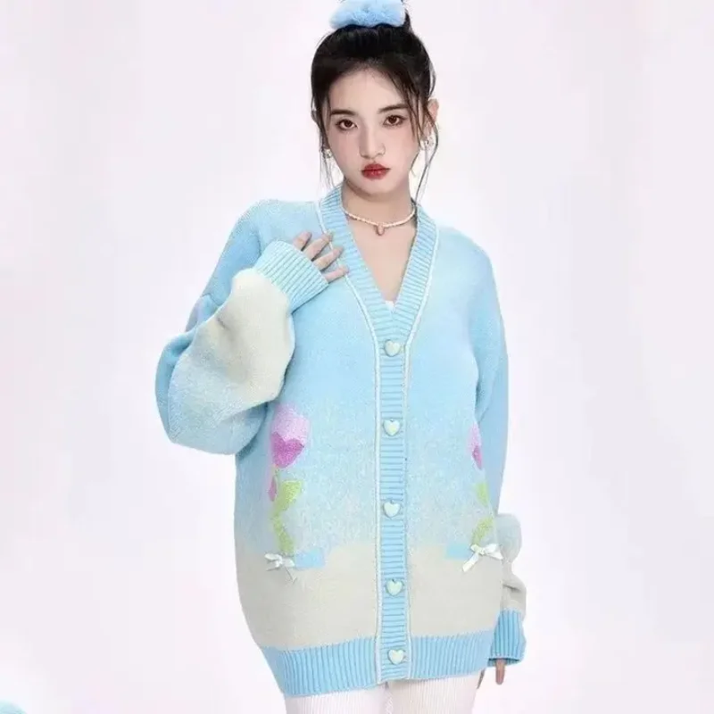 الحلو ولطيف نمط فتاة حار زهرة القوس الخامس الرقبة محبوك سترة المرأة الخريف والشتاء العصرية المرأة سترة فضفاضة