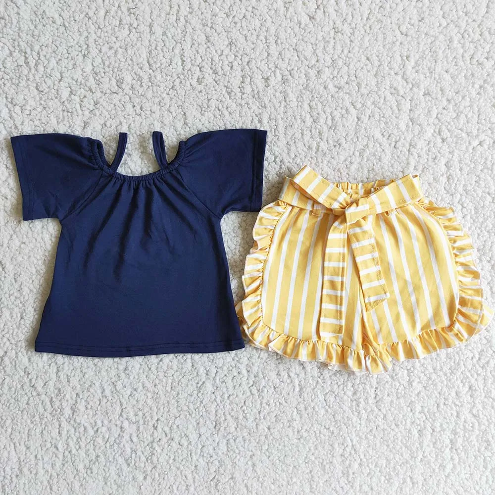 Wholesale Toddler Summer Sets Short Sleeves Cotton Tunic Baby Girl Kid Stripes Ruffle Shorts Children Infant Two Pieces Outfit