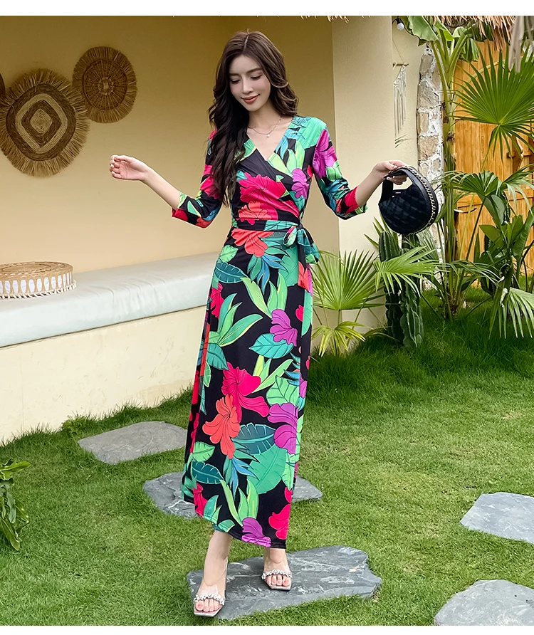 ZAROY Women Summer Floral Print Maxi Dresses V Neck Half Sleeve Belted Boho Beach Dress Vintage Evening Party Dress Vestidos