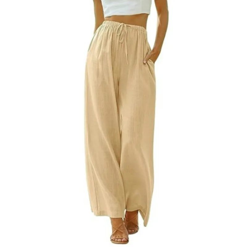 

Summer Linen Pants Womens Comfortable Drawstring Wide Leg Loose Casual Trousers with Pockets