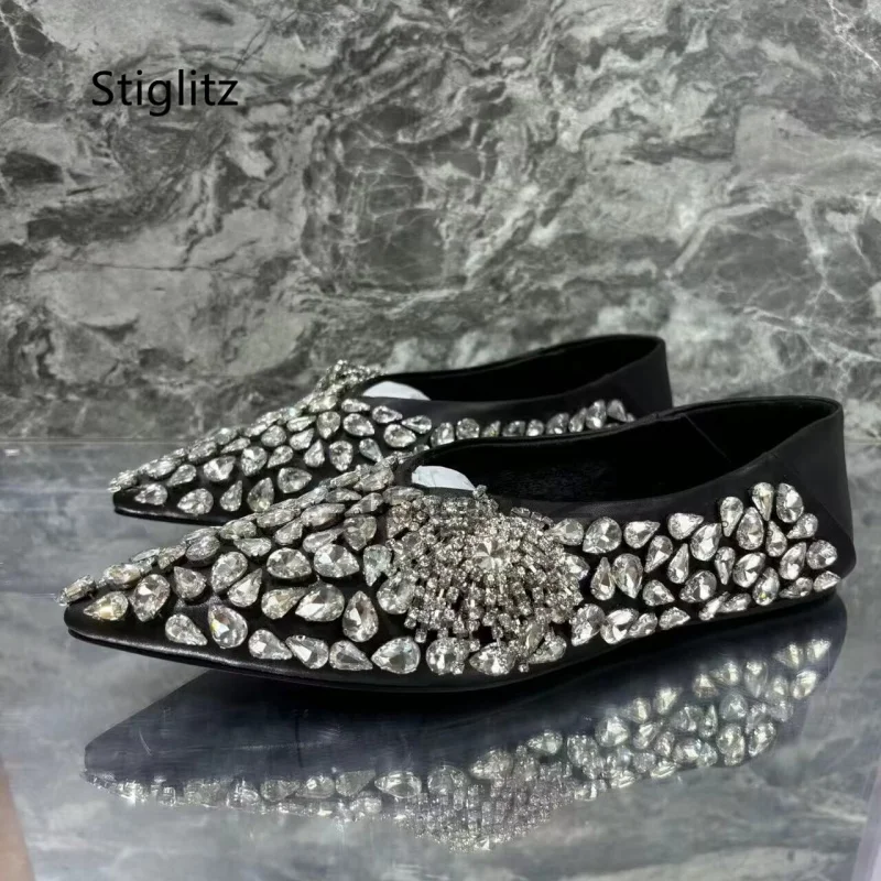 

Pointed Toe Rhinestone Flats Shoes Women Luxury Design Genuine Leather Comfortable Breathable Casual Party Wedding Shoes