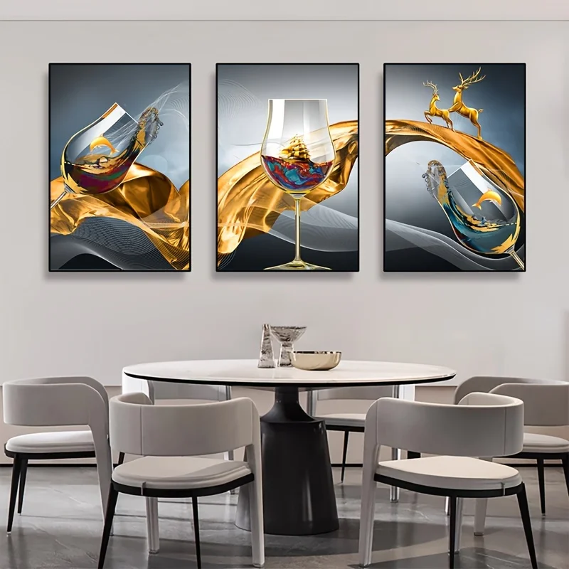 2D Flat, 3pcs Modern Abstract Golden Goblets & Elk Sailboat Wall Art - Minimalist Luxury Suitable for Restaurant, Living Room