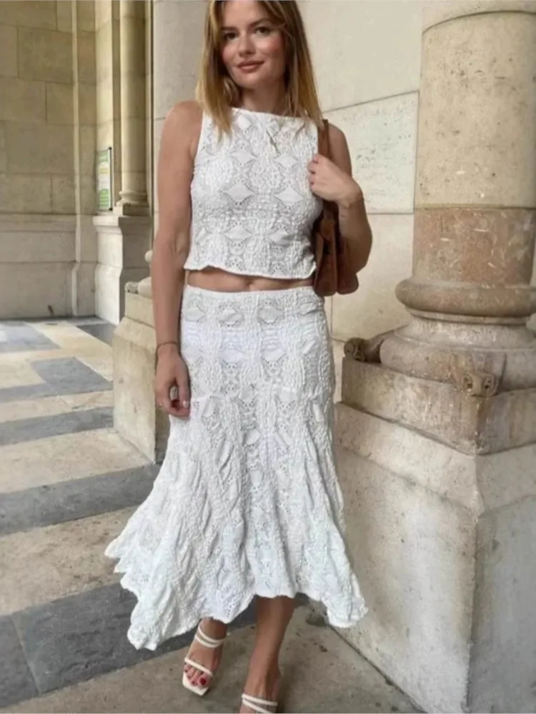 MsChuh Summer 2026 Woman 2 Piece Set Outfit New Holiday Hollow Lace Sleeveless Package Hip Skirt Two Piece Outfits Temperament