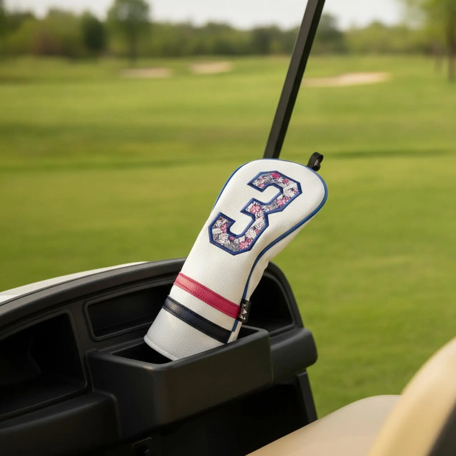 Leather Golf Headcover for 3 Wood Driver with Embroidered Number Panel Secure Pull Tab Blue Trim