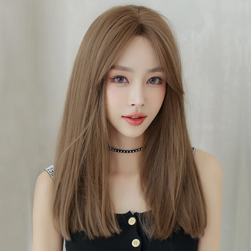 Korean-style fashionable middle-parted bangs for women, long , naturally flattering, collarbone-length straight hair wig