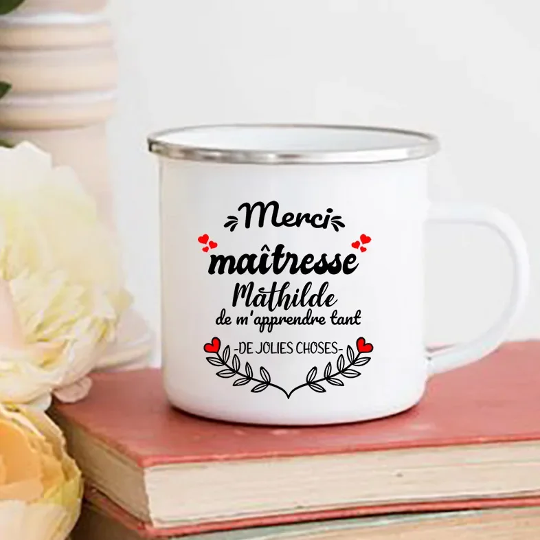 Merci Maitresse Coffee Cups,Personalized Custom Name Mug,Drinks Water Cup,Enamel Mugs,School, Home Handle Drinkware,Teacher Gift