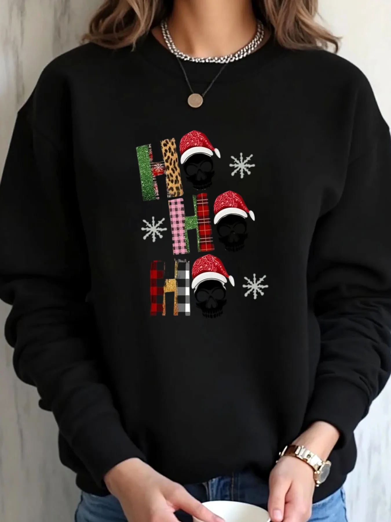 

Женская толстовка большого размера с рождественскими черепами, шляпа Санта-Клауса, клетчатая верхняя одежда с принтом