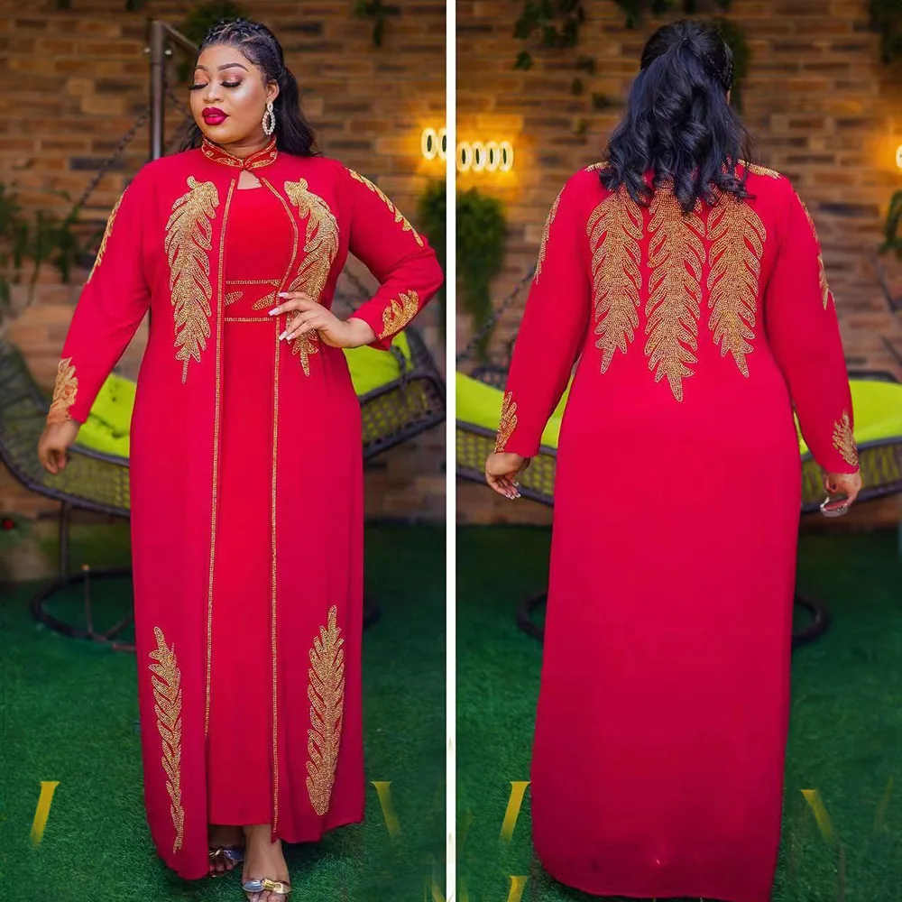 Vestido de manga longa africana para mulheres, vestidos de festa de casamento, terno abaya muçulmano vermelho preto azul e branco, primavera e outono 2023
