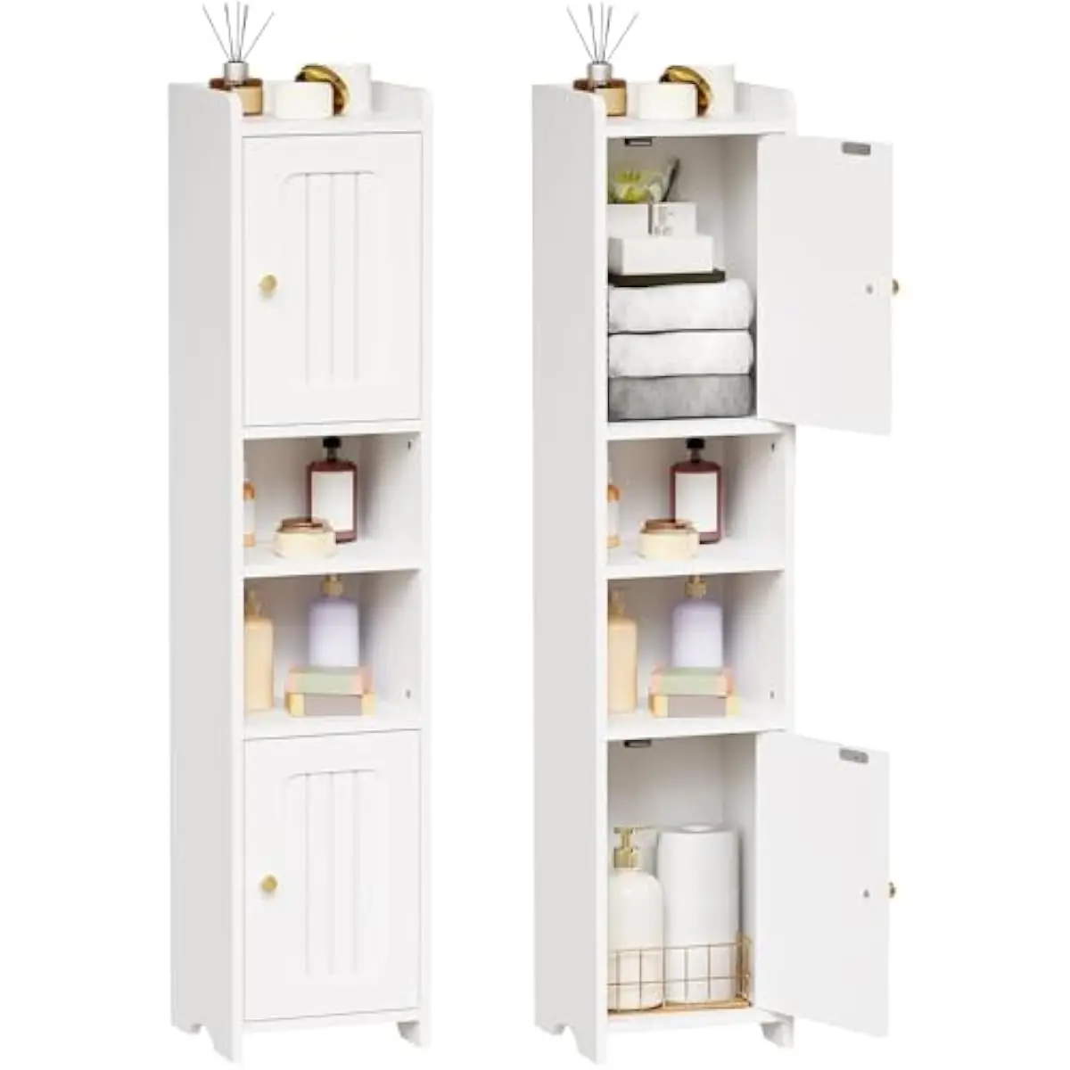 Slim Corner Bathroom Cabinet with Dual Doors Open Center and 1 Adjustable Shelf for Compact Spaces White Engineered Wood 7.9 x 7