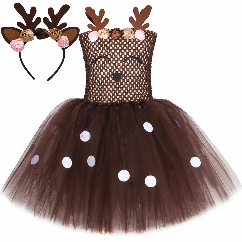 

Brown Deer Tutu Dress for Girls Christmas Halloween Costume Flowers Antler Elk Reindeer Princess Dresses Xmas Party Clothes