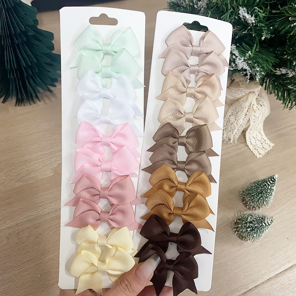 10pcs solid color kids bows hair clips — handmade ribbon bowknot barrettes for baby girls, New Year accessory 4