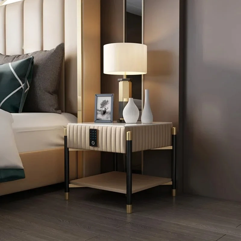 Luxury Italian  modern bedroom furniture  smart bed side table  with drawers fingerprint lock function leather  night stand