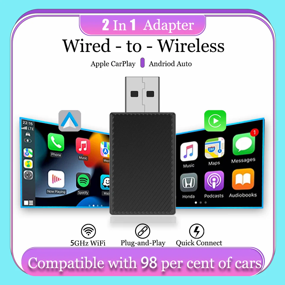 2in1 Wired to Wireless CarPlay Android Auto Adapter for OEM Car Stereo With USB Plug and Play Compatible with 98per cent of cars