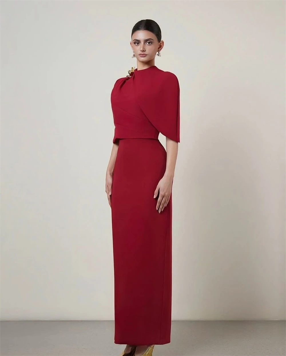 Mila Burgundy Shawl Prom Dresses High Neck Half-Sleeve Simple Customized Formal Evening Sheath Ankle-Length vestidos de fiesta