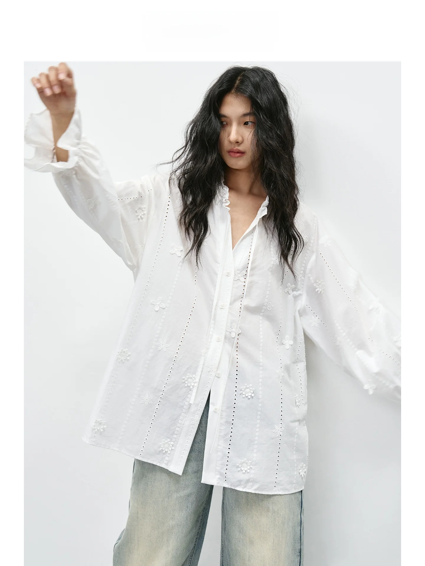 

EIGHTHMONTH August 00 Cotton Heavyweight 3D Embroidery Loose Long Sve irt Women's Casual Sle Comfortable Fit Top