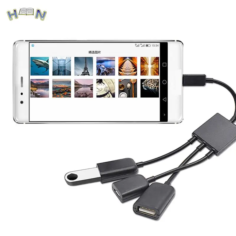 3 In 1 Micro USB Type C HUB Male To Female Double USB 2.0 Host OTG Adapter Cable For Smartphone Computer Tablet 3 Port