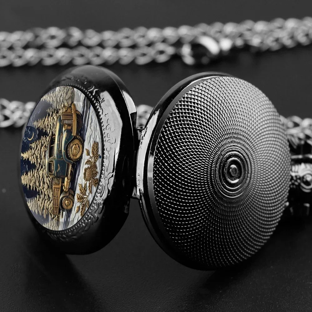 ブラックキャリングトラック雪中クォーツ懐中時計ペンダントメンズギフトファッションヴィンテージレディースネックレス時計ドライバーギフトお土産