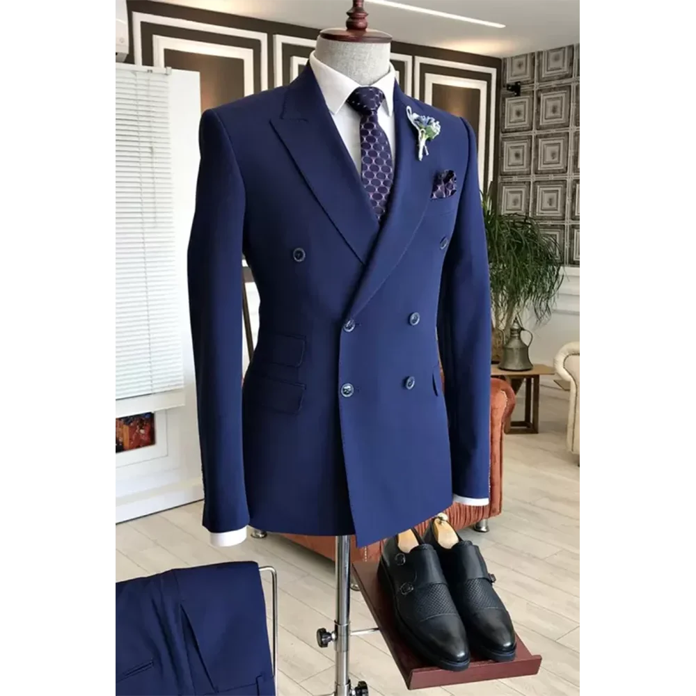 

Modern Navy Blue Peaked Lapel Double Breasted Formal Business Men Suit 2 Piecs Jacket Pants For Wedding Suit