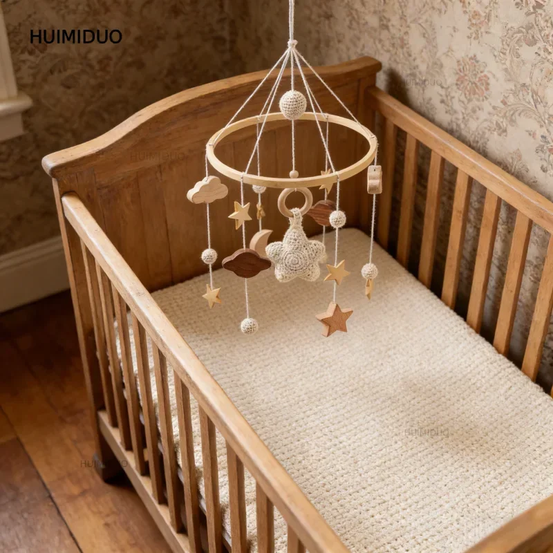 Ins Children's Bedroom Sensory Music Crochet Star Beech Wood Crib Mobile Baby Cradle Nursery Mobile Hanging Decor