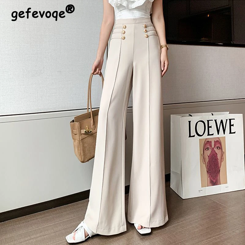 Koreaanse Mode Vintage Office Lady Elegante Wijde Pijpen Broek Vrouwen Effen Hoge Taille Rechte Broek 2023 Herfst Winter Pantalones