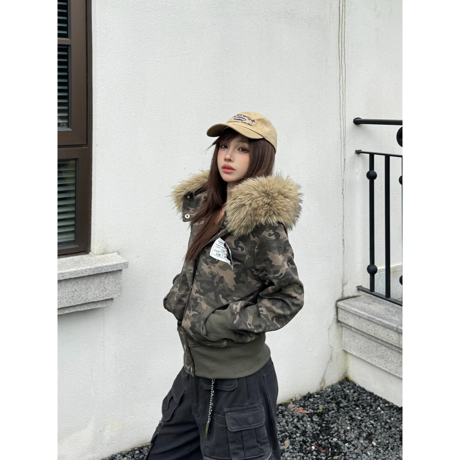 Detachable Fur Collar Hooded Jacket American Camouflage Women's Short Style Autumn Winter Street Sty
