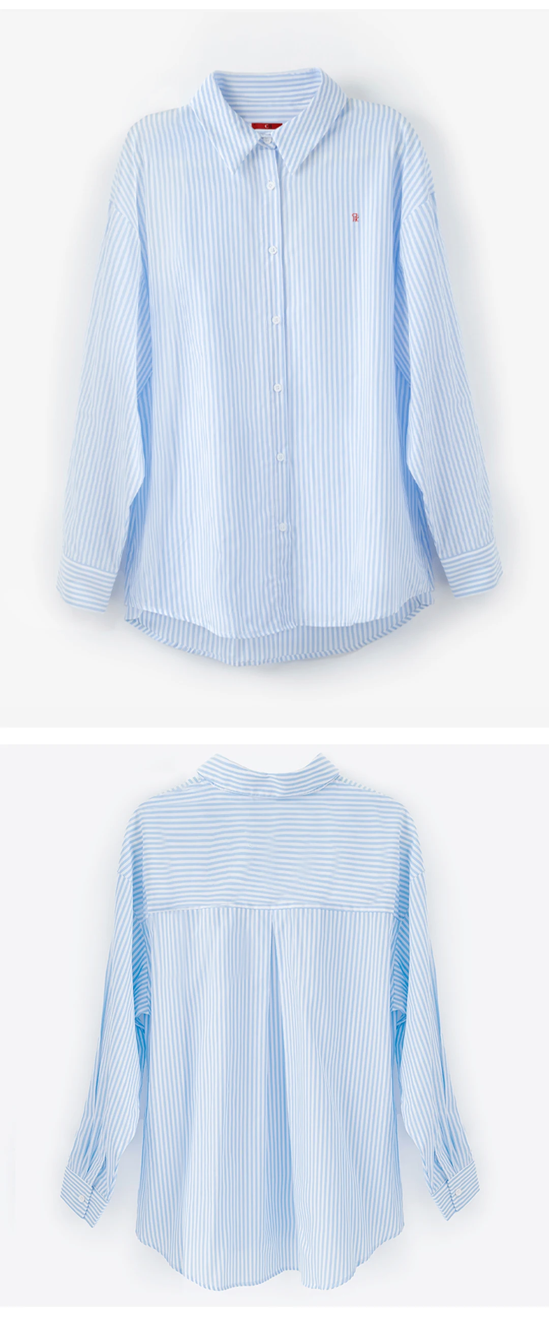 CH Damen-Hemd, blau, weiß gestreift, mit Knöpfen, lockere Passform, langärmlig, lässige Bluse, Oberteile für den Alltag im Büro – Detail 3