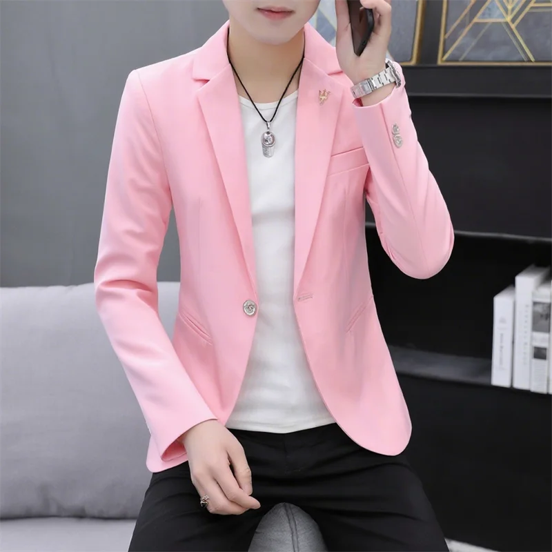

Pink Suit Jaet for Men Slim Fit Spring Autumn Faion Casual Single Piece Top Trendy Korean Sle Long Sve Busin Casual