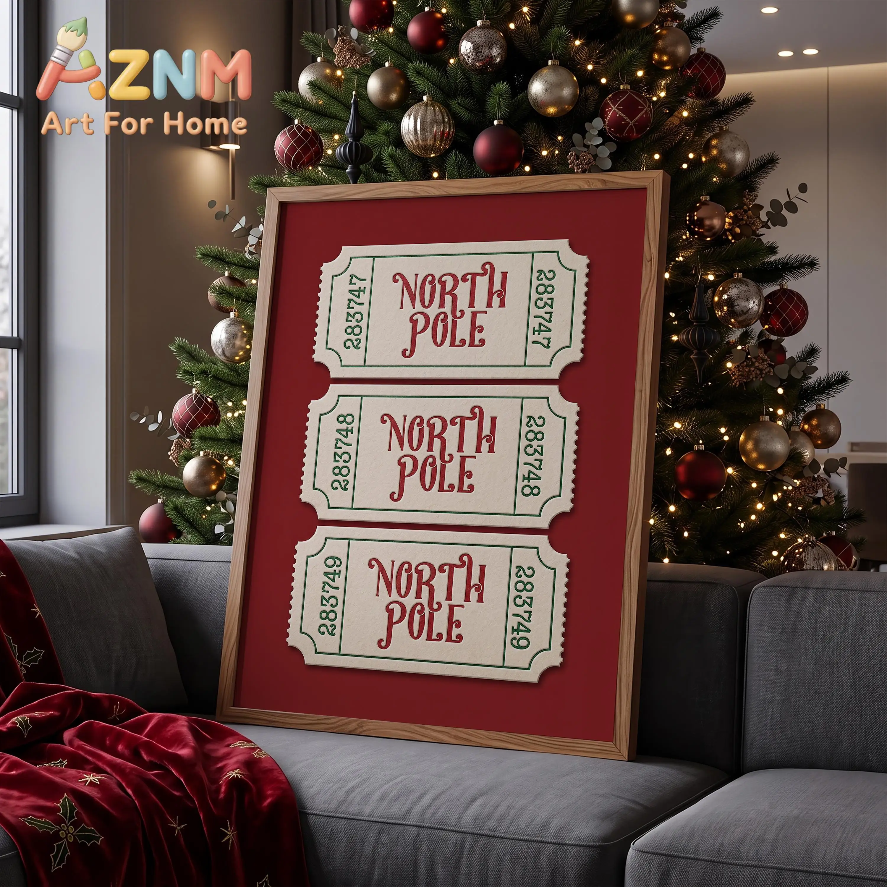 Trendy Christmas Ticket Canvas Wall Art Poster - Red Vintage Holiday Print, Funky Retro Christmas Poster for Living Room Decor