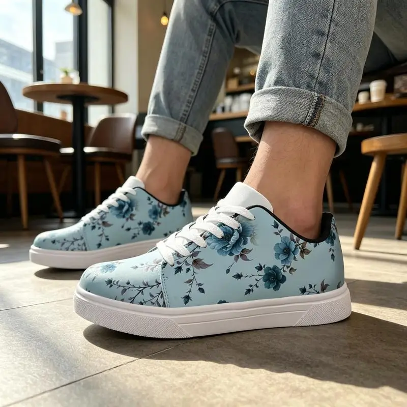 Chaussures de course sur route pour femmes et hommes, baskets blanches à imprimé floral, motif floral bleu clair, confortables et respirantes, adaptées aux femmes