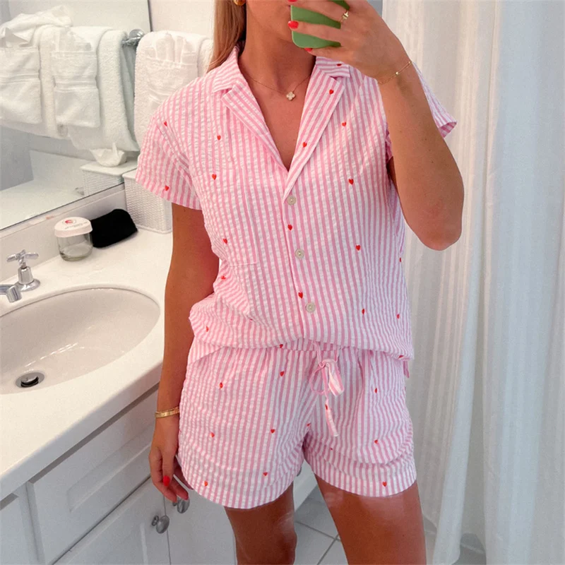 Xingqing y2k Pajama Set Women Fairycore Clothing Lapel Collar Short Sleeve Single Breasted Short Sleeve Top and Shorts Sleepwear