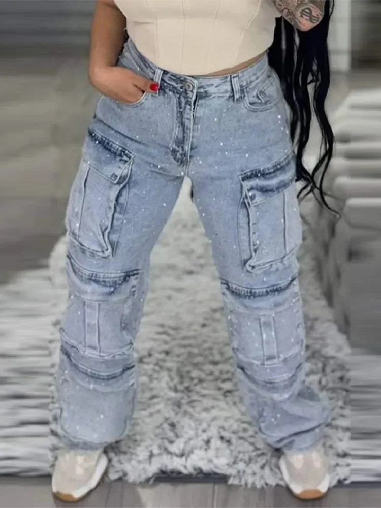 Women's High Waist Cargo Denim Jeans with Full Rhinestones Sparkling Casual Baggy Pants Streetwear Chic Daily Trousers