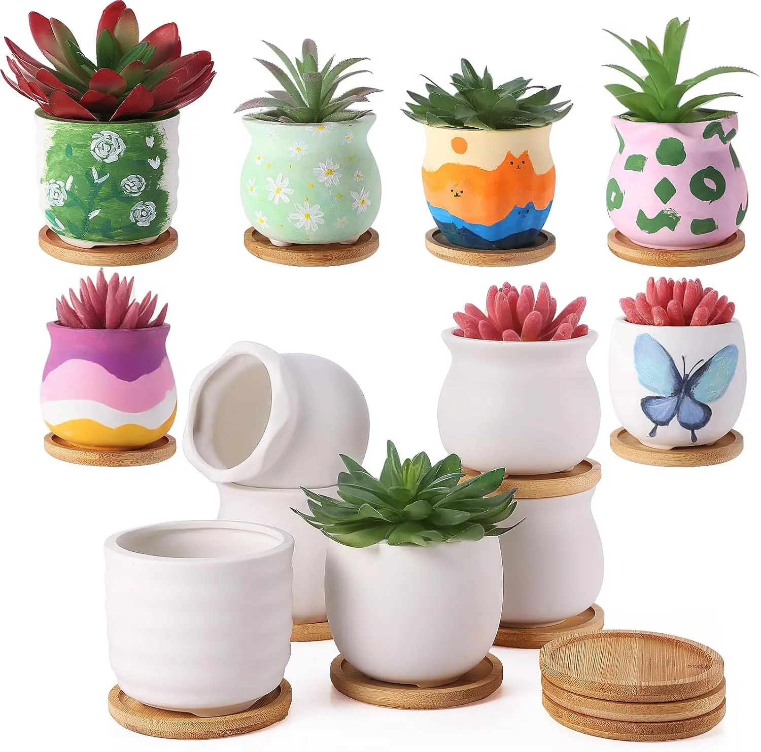 

6 Pcs 3.5 Inch Mini Succulent Pots with Bamboo Tray White Ceramic Pots Color Your Own DIY Small Planters Containers for