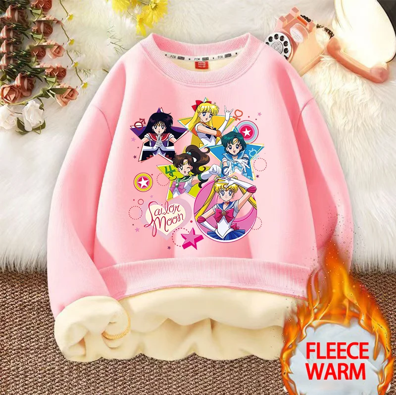 

Sailor Moon Children Fleece Hoodie Girl Casual Round-neck Sweatshirt Winter Keep Warm Tops Children Clothes Pullovers Xmas Gift