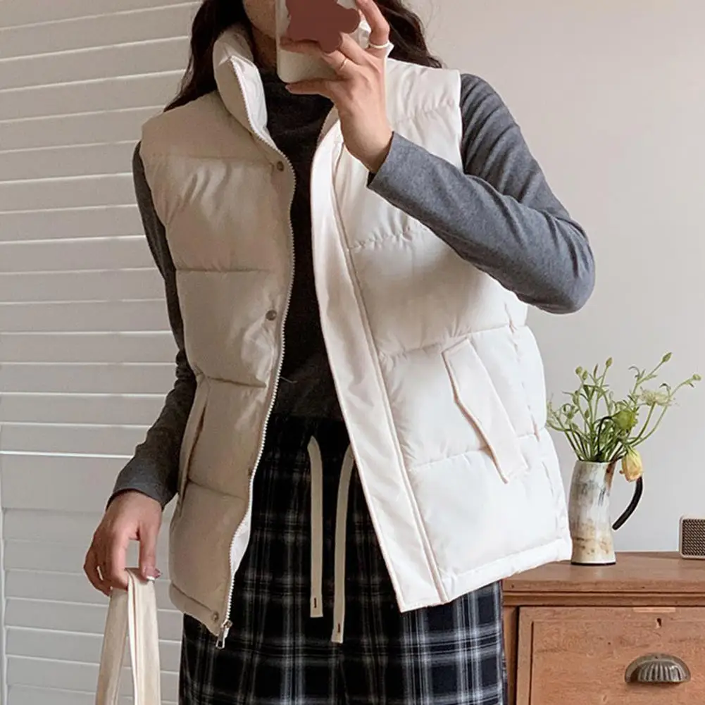 Women Sleeveless Warm Vest Jacket Autumn Winter Stand Collar Thickened Waistcoat Pockets Buttons Zipper Closure Vest Coat