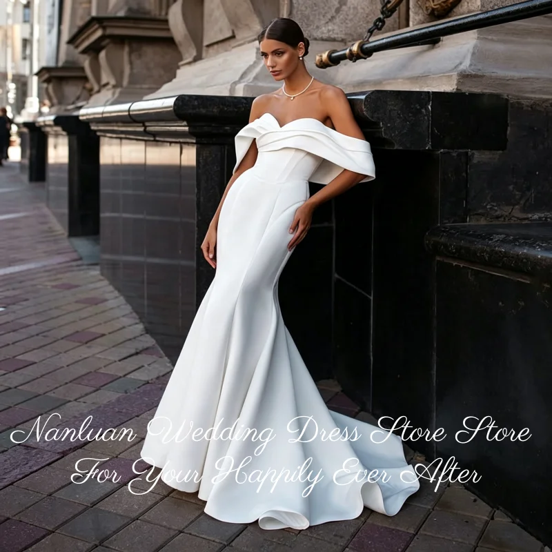 Elegant Satin Wedding Dress Off Shoulder Fold V Neck Voluminous A Line Or Slim Mermaid Skirt Vestidos de Novia Customized