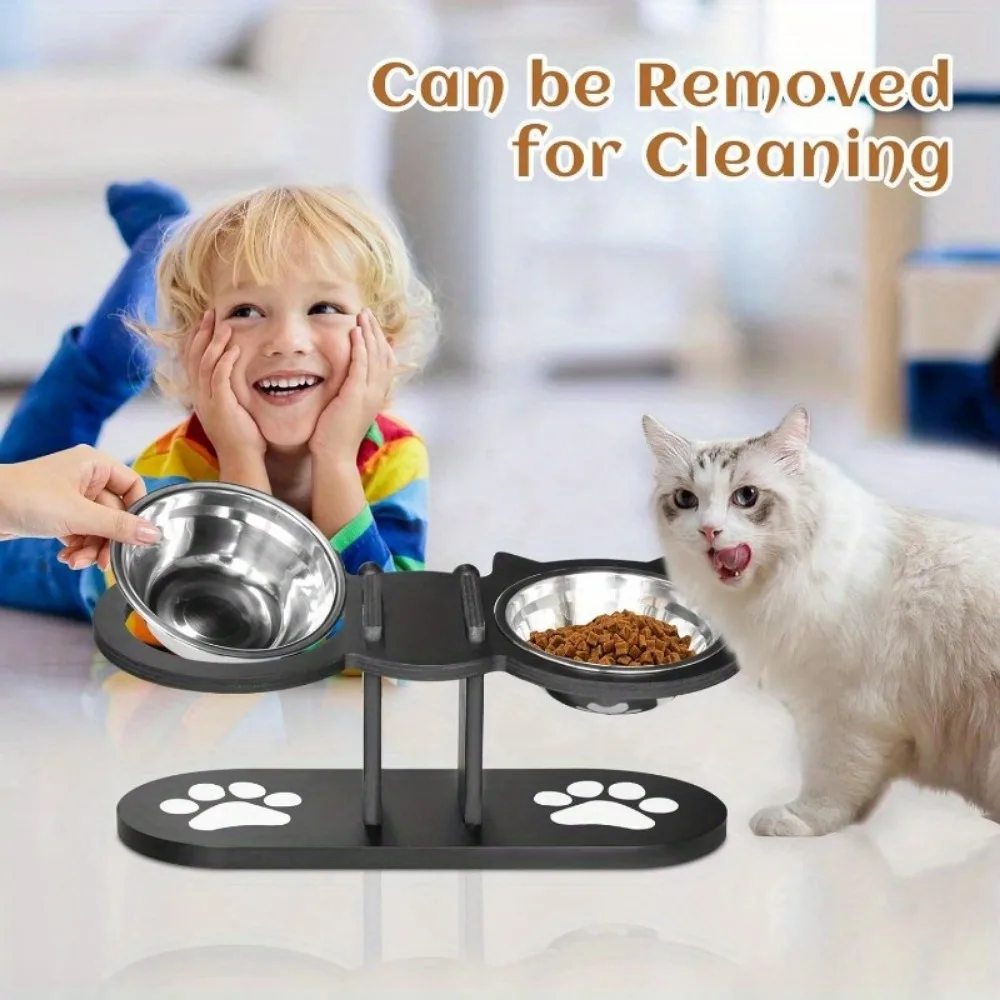 3-Tier Elevated Cat Bowl with Support Stands Wood & Stainless Steel Adjustable 15-Degree Angle Stand Slanted Pet Food Bowl view 5