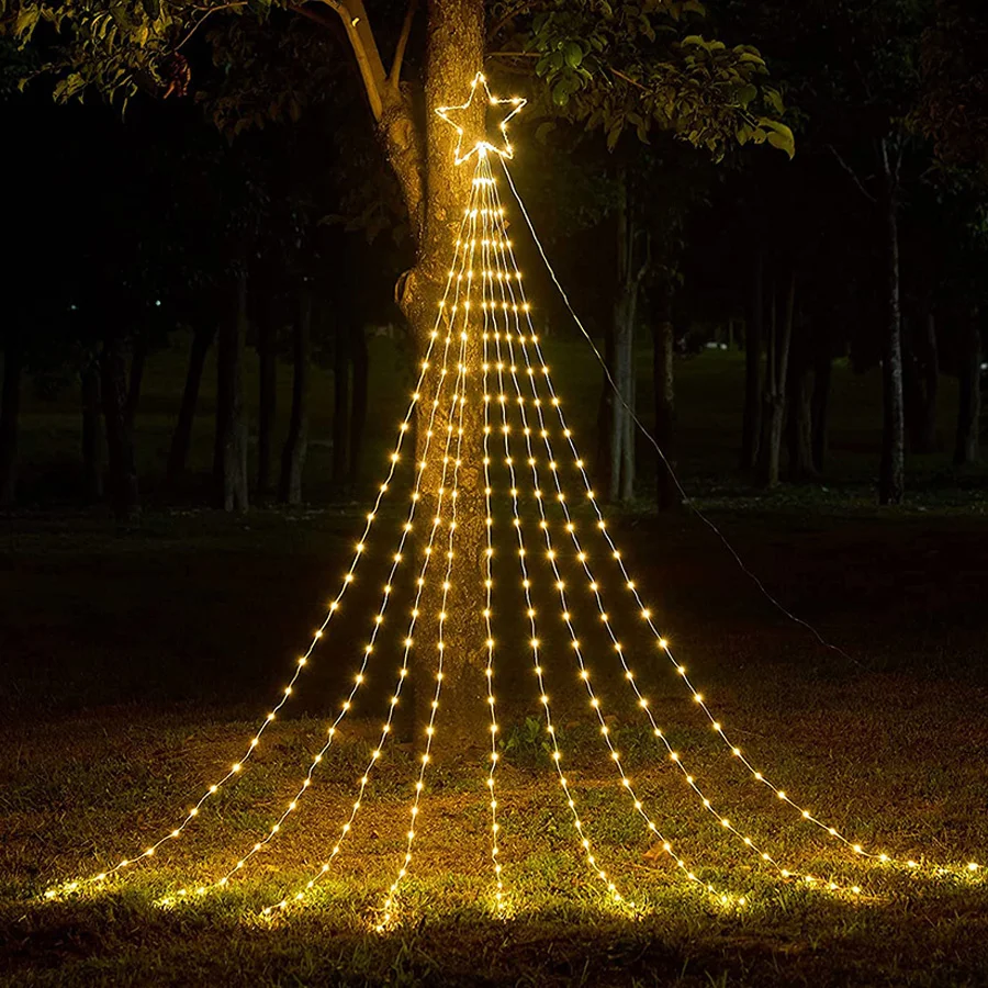 

Outdoor Christmas Tree Decorations Star Waterfall String Light 9X2M 190 LED Topper Star Curtain Icicle Light Water Flow Light