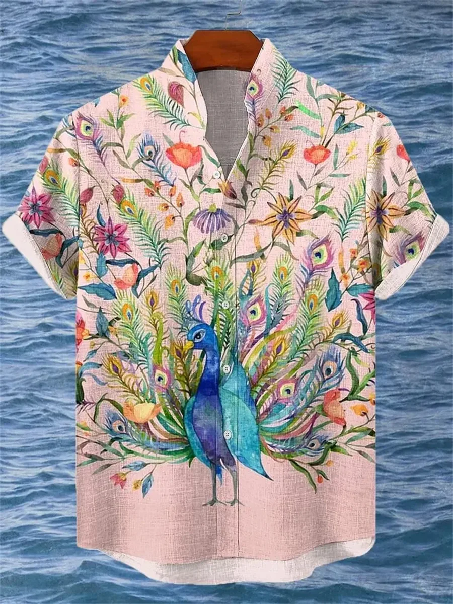 Men's irregular pattern printed short-sleeved shirt street trend retro linen 2025 new hot-selling tops men's fashion shirt