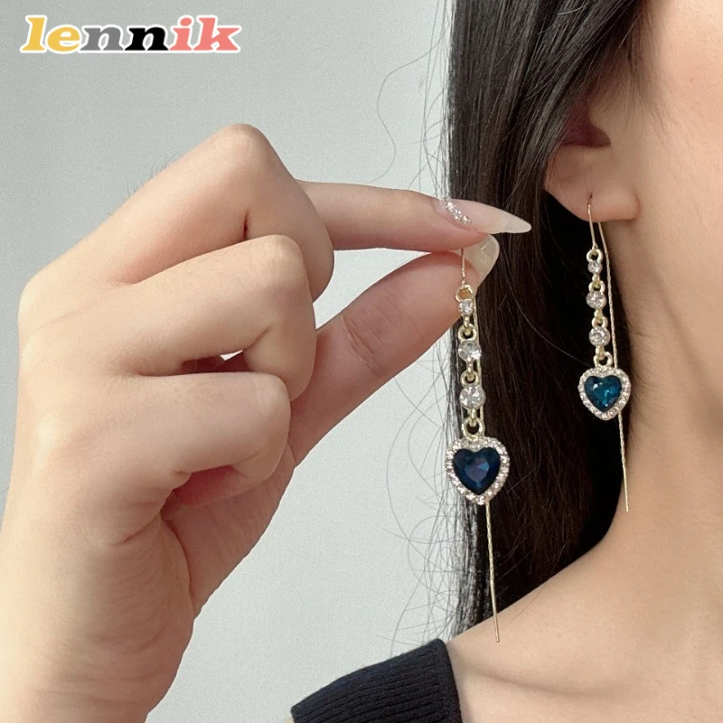 LENNIK Beliebte Herz-zu-herz Blau Kristall Liebe Kopfhörer frauen Koreanische Vielseitige Licht Luxus High-end Senexquisite ohr Schmuck