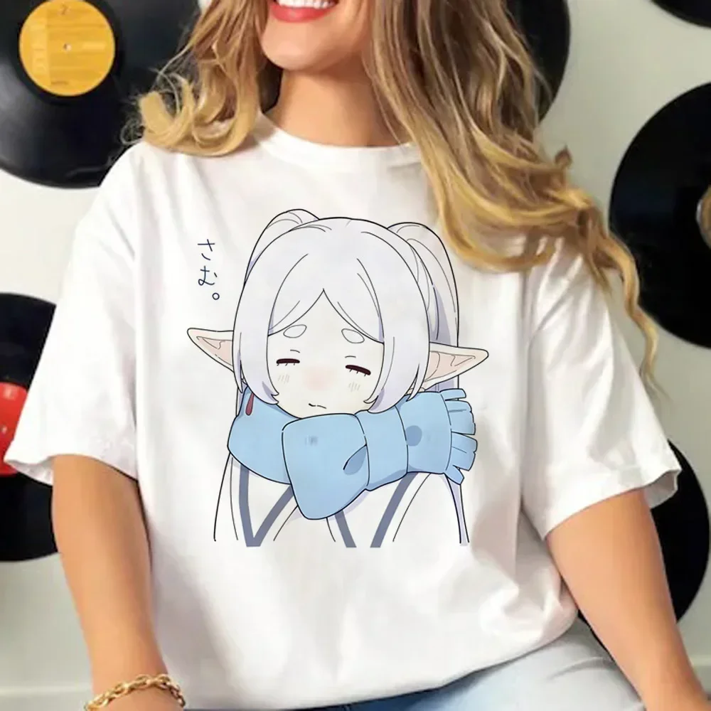Camiseta de Anime japonés para mujer, camiseta de manga corta con estampado de dibujos animados de Frieren, ropa de verano Harajuku para mujer, Tops, ropa de calle