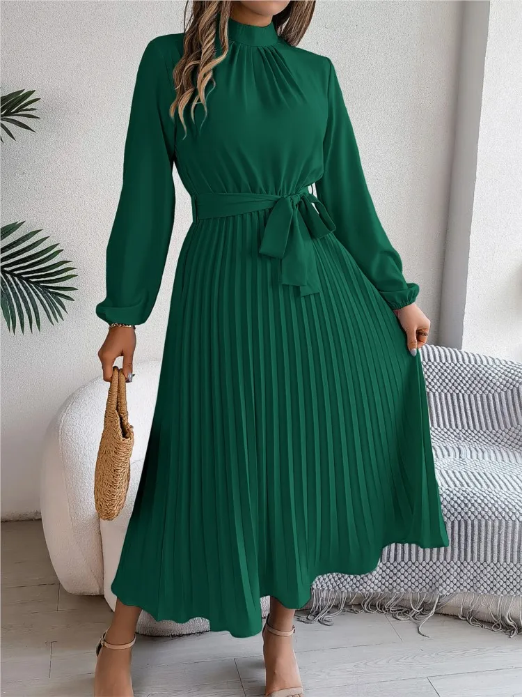 Nice Women's Long Dresses Summer Elegant Pleated Long Sleeveed Lace Up Dresses Beach Boho Wrap Ruffle Hem Swing Sundress
