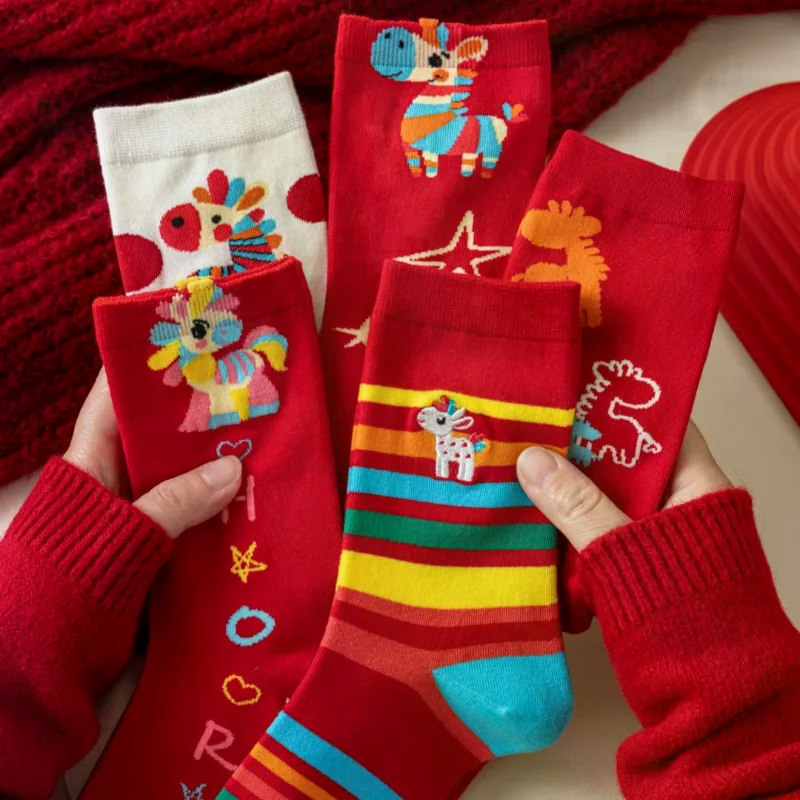 1Pair New Year Lucky Red Socks For Men Women Autumn Winter Warm Mid-Tube Socks Cartoon Pony Horse Socks Christmas Gifts