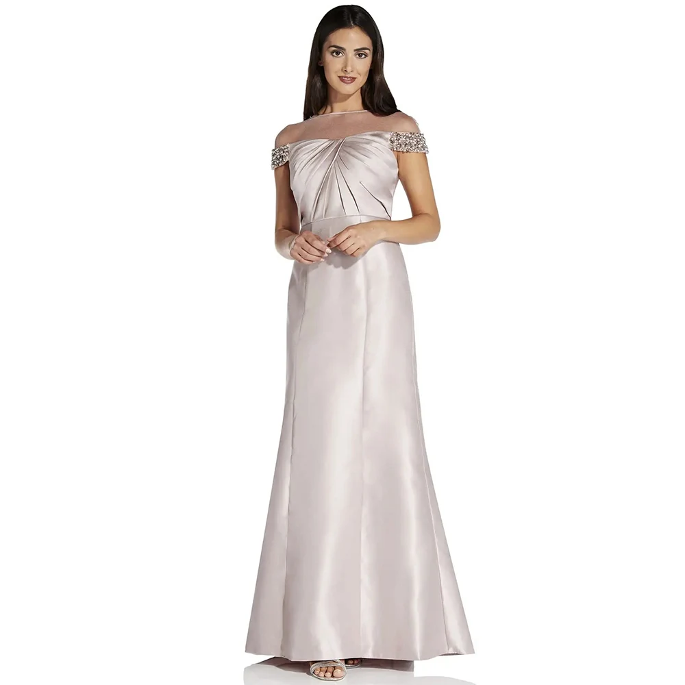 

Luxury Mother Of The Bride Dresses Satin Mermaid/Trumpet Evening Dress Lavender O-Neck Pleat Pearl beads Crystals Prom Gown Maxi