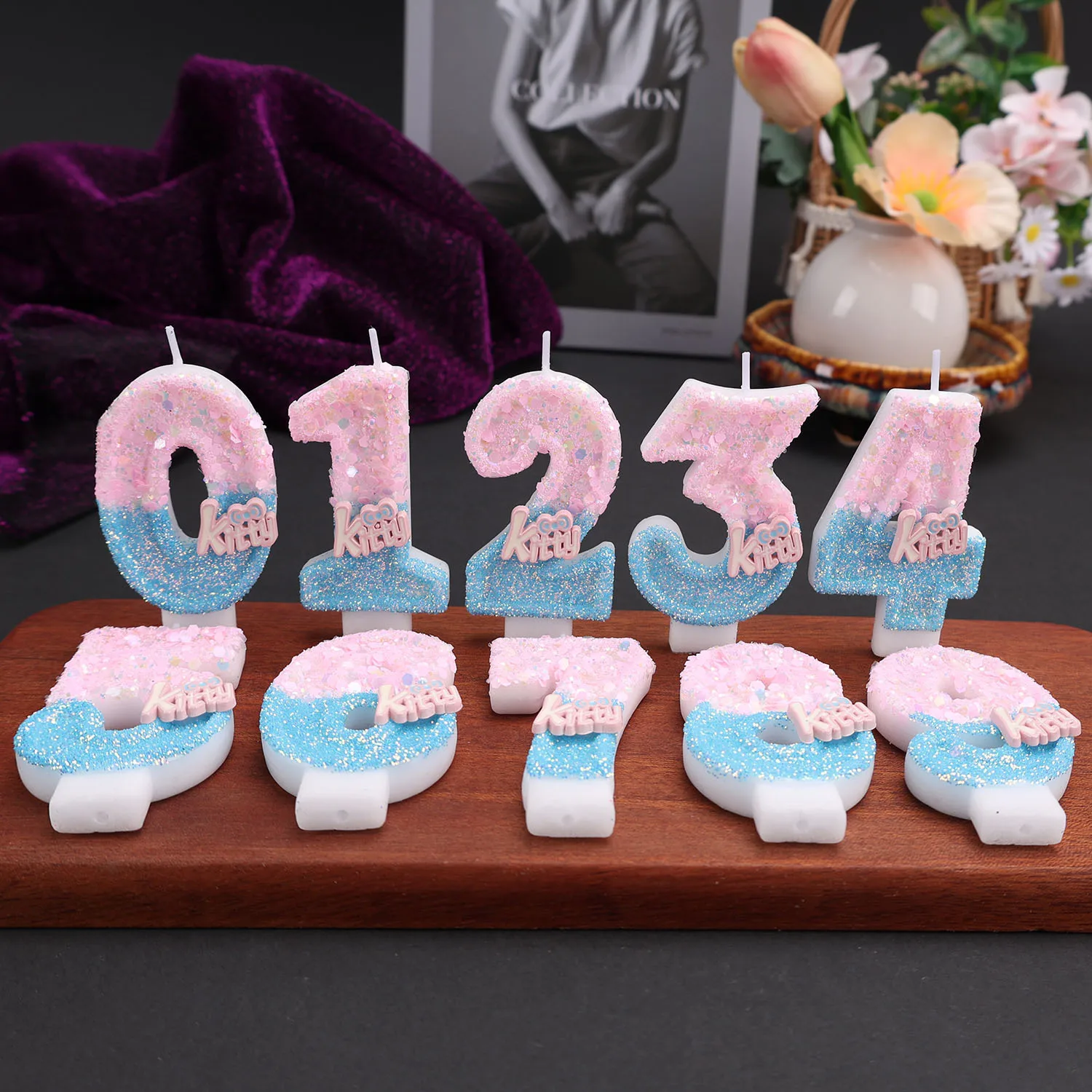 Kitty Lettered Number Candle - Pink and Blue Contrasting Gradient Candle, Holiday Anniversary Candle, Party Gift