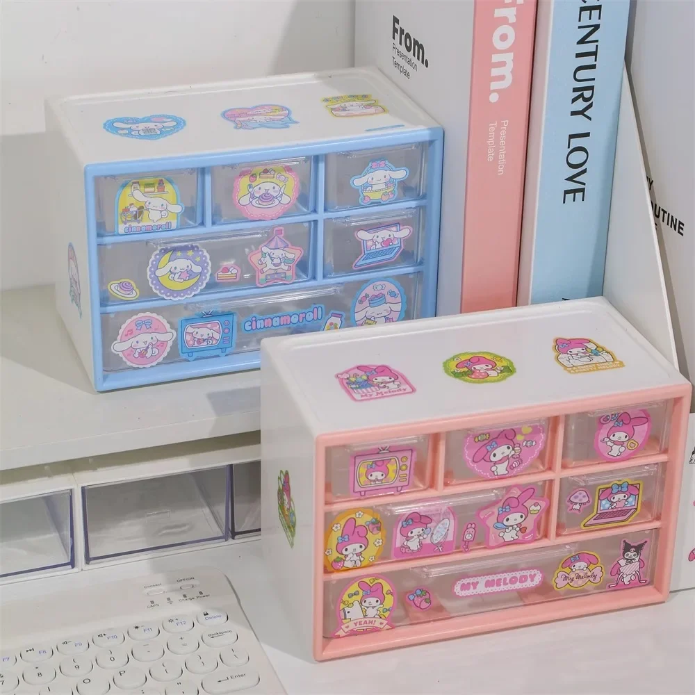 Kawaii Sanrioed Melody Kuromi Cinnamoroll Six Palace Grid Storage Box Anime Cute Sticker Desktop Storage Rack Jewelry Girl Gift