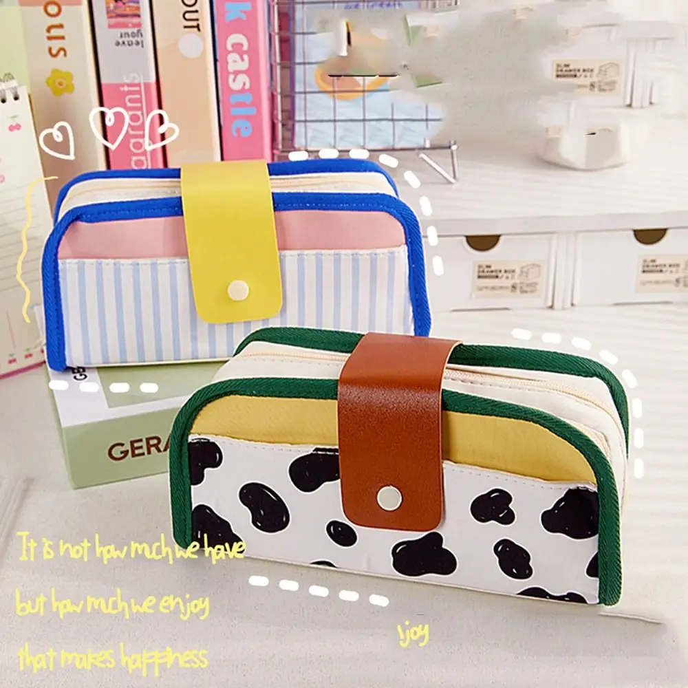 Kawaii American style Cow Pattern Pencil Case Large Capacity Multi-storey Pen Bag Stripe Canvas Stationery Pencilcase Students